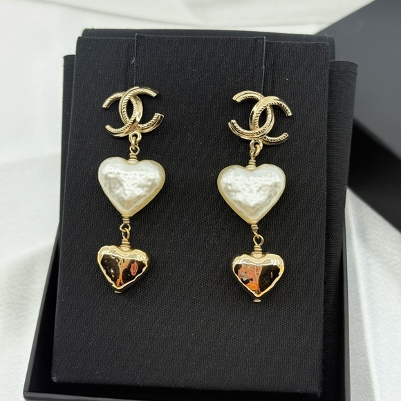 CHANEL Gold CC Pearl Heart Dangle Statement Earrings